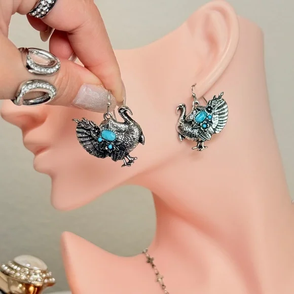 Silver and Turquoise Peacock Earrings - Picture 8 of 8